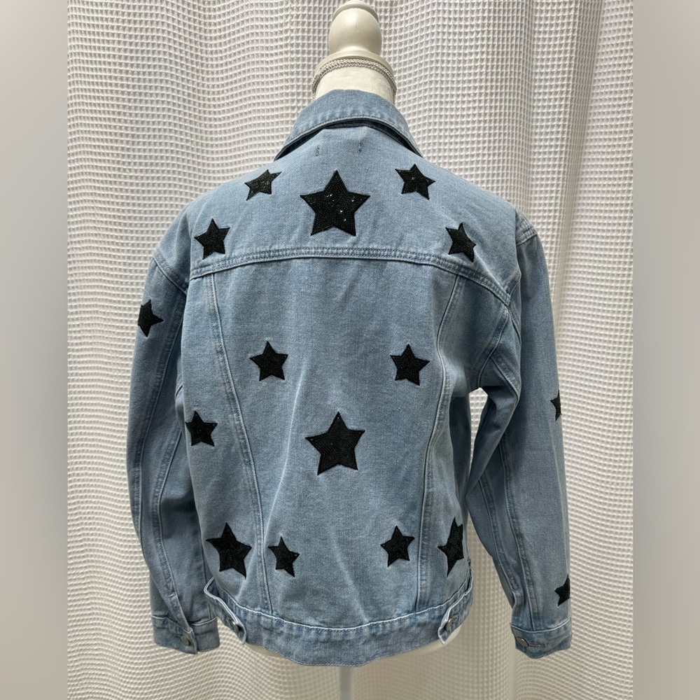 Nasty Gal Blue Denim Jacket with Black Star Accents